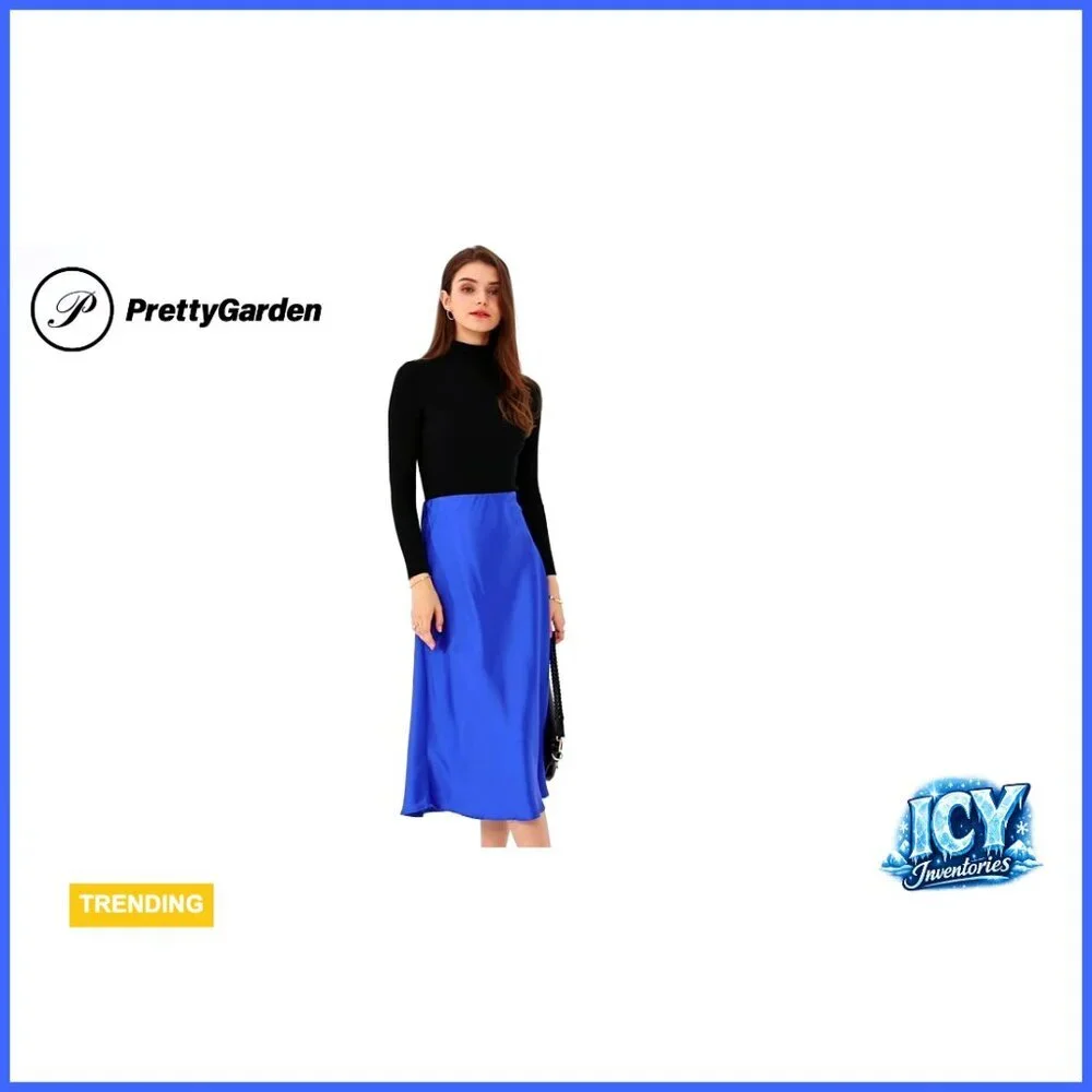 Satin Midi Skirt High Waisted A-Line Flowy Wedding Cocktail Casual